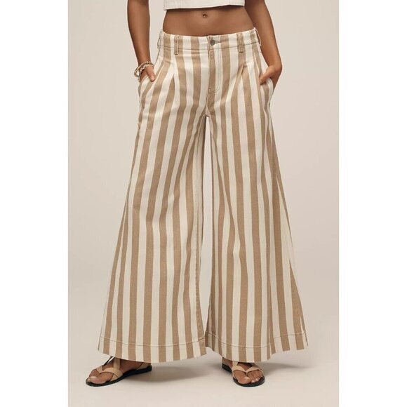 Maeve Denim - Maeve High-Rise Wide-Leg Jeans White Beige Striped 26